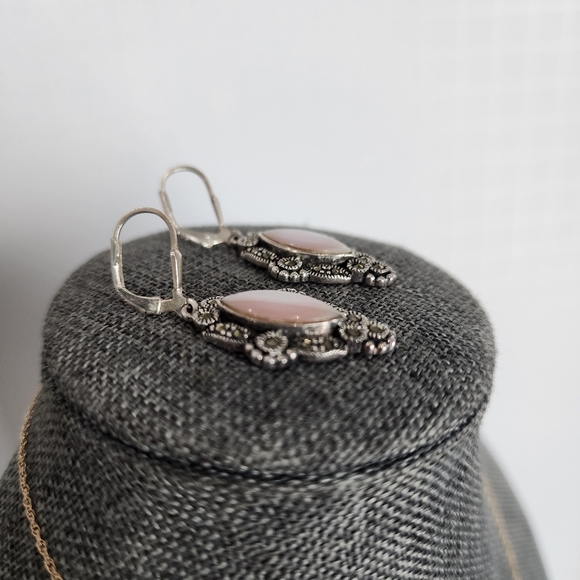 Sterling Silver Mother of Pearl Marcasite Earrings Drop Dangle - Picture 6 of 8